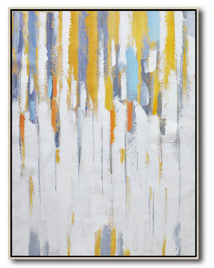 Vertical Palette Knife Contemporary Art,Pop Art Canvas,White,Yellow,Violet Ash,Grey